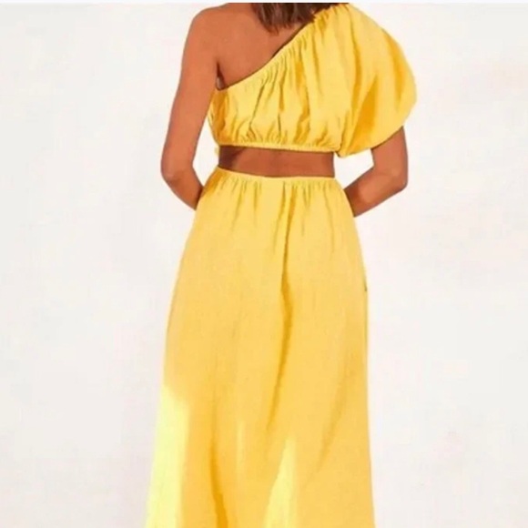 Farm Rio One Shoulder Open Waist Knotted Yellow Linen Blend Midi Dress Sz Small - Picture 2 of 13